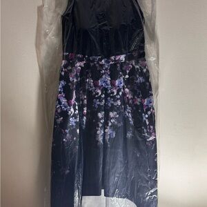 R & M Richards Elegant Black Dress with Purple Floral Pattern